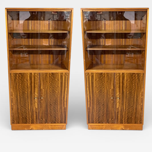 Morris of Glasgow Walnut & Teak Slim Bookcases — Matching Pair