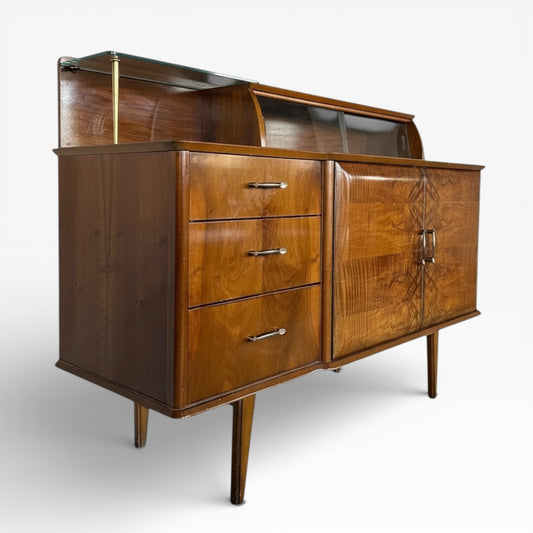 Mid Century Sideboard – Walnut Lebus Cabinet with Display Glass Doors & Drawers
