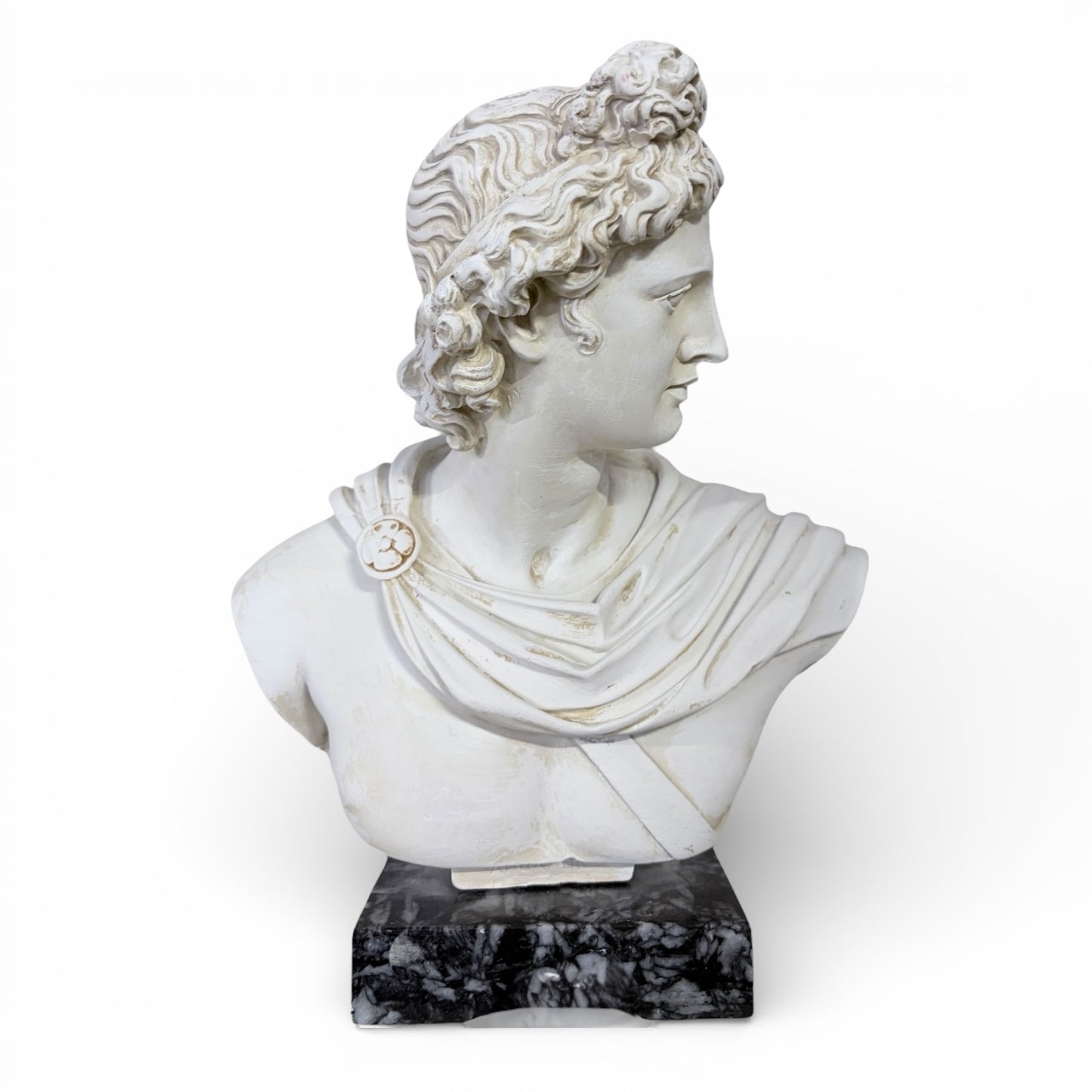 Apollo Bust Sculpture | Large Classical Greco Roman Plaster Statue on Marble Base