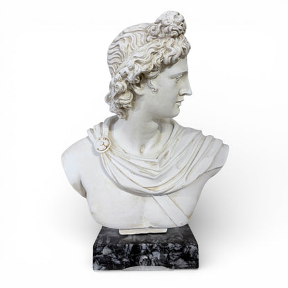 Apollo Bust Sculpture | Large Classical Greco Roman Plaster Statue on Marble Base