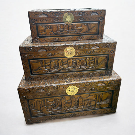 Vintage Chinese carved Camphor wood set of three stacking chests