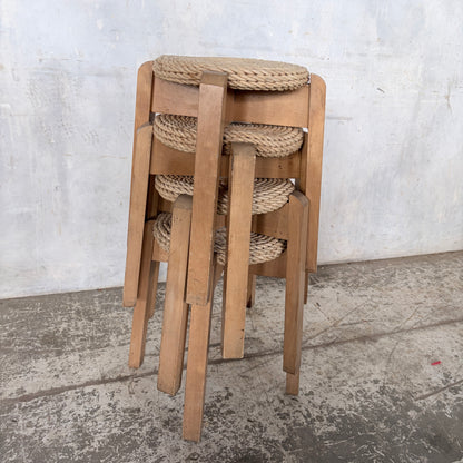 Mid Century Set of Four Stackable Rush Woven Stools