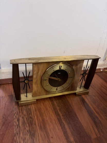 Vintage Metamec Mantel Clock – Mid Century Atomic Style Brass & Wood Desk Clock