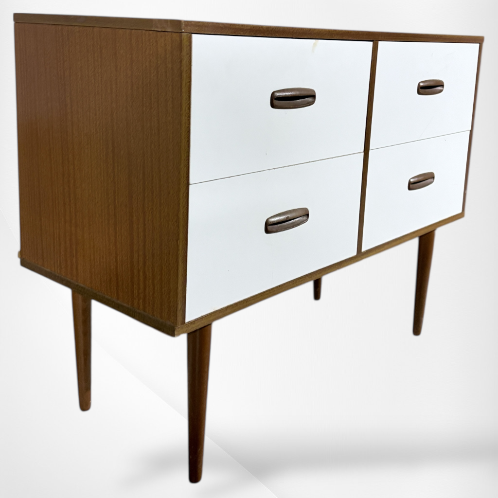 Mid-Century Storage Unit – Teak Cabinet With White Formica Drawers, Compact Sideboard