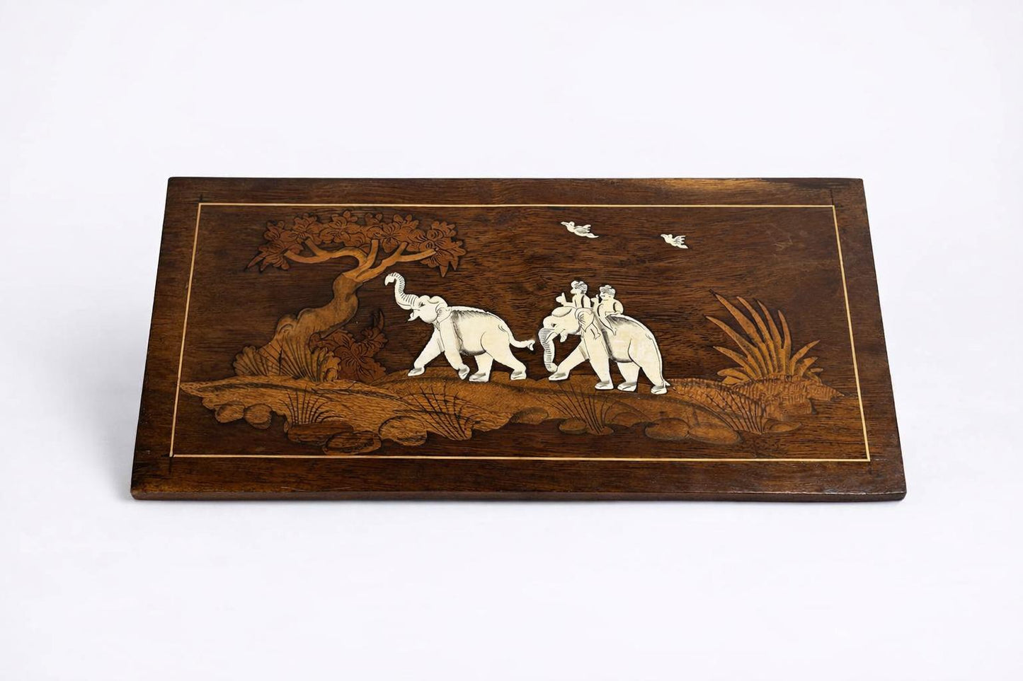 Vintage 1960s Indian Rosewood Inlaid Elephant Wall Panel