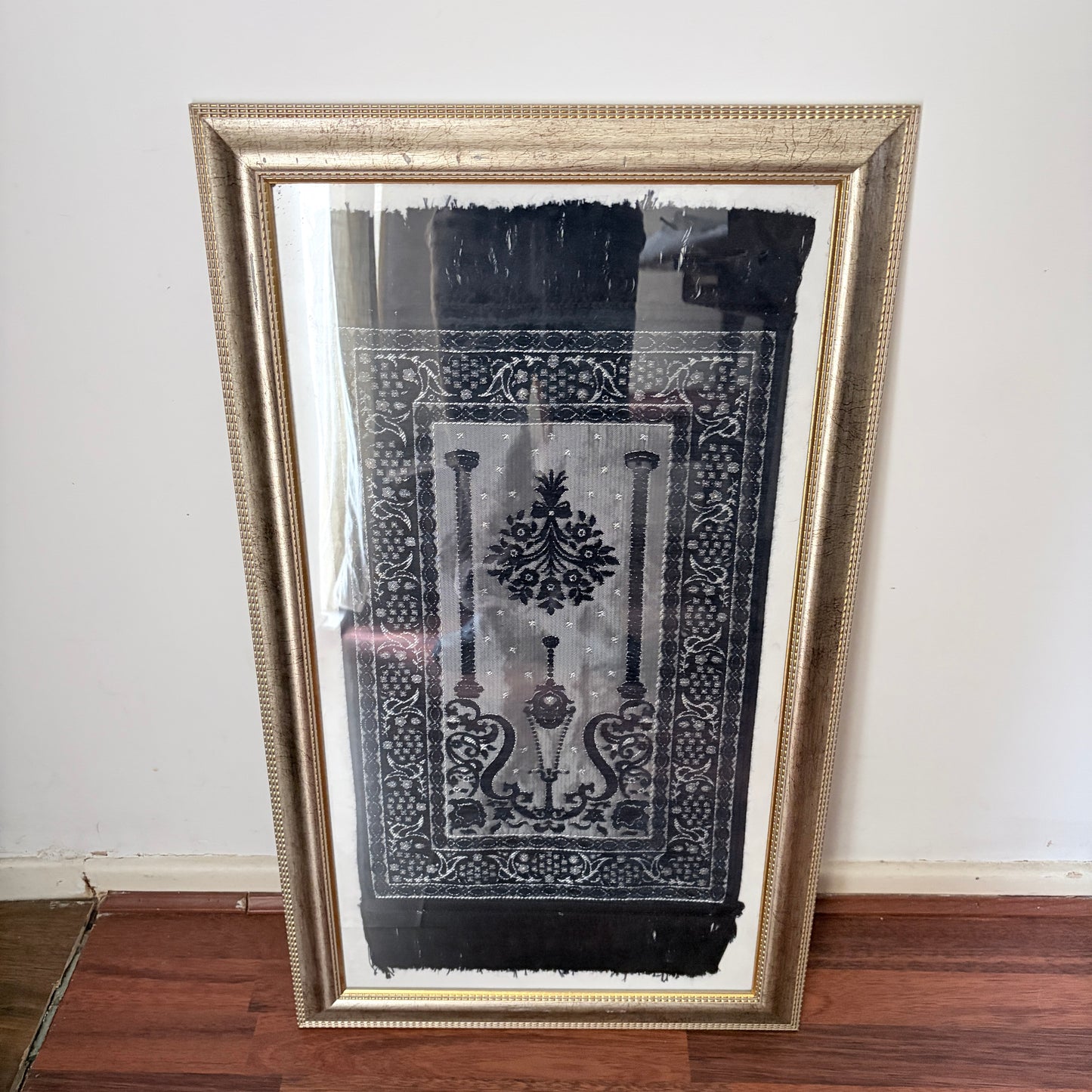 Framed Vintage Islamic Prayer Rug Woven Textile Wall Art Gold Frame