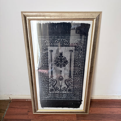 Framed Vintage Islamic Prayer Rug Woven Textile Wall Art Gold Frame