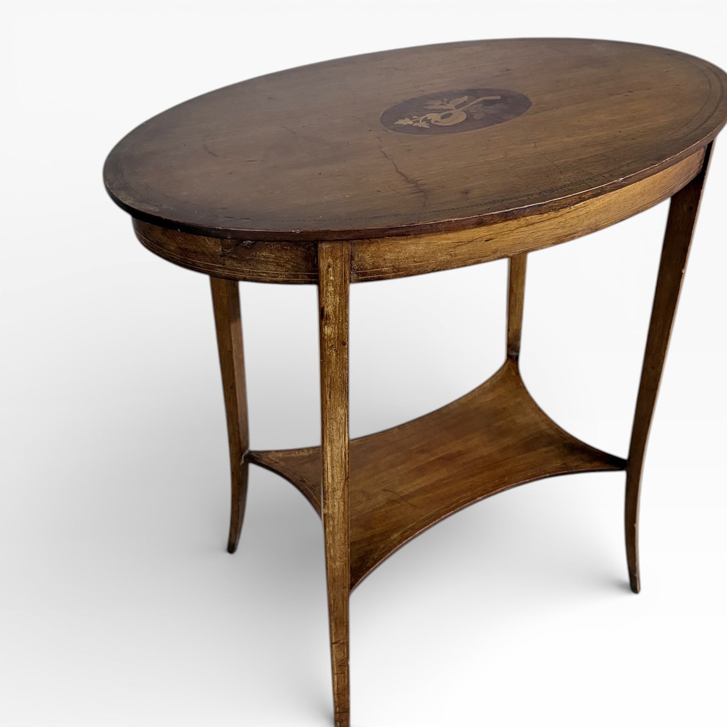Edwardian Side Table - Antique Oval Wood Table with Decorative Inlay and Tapered Legs