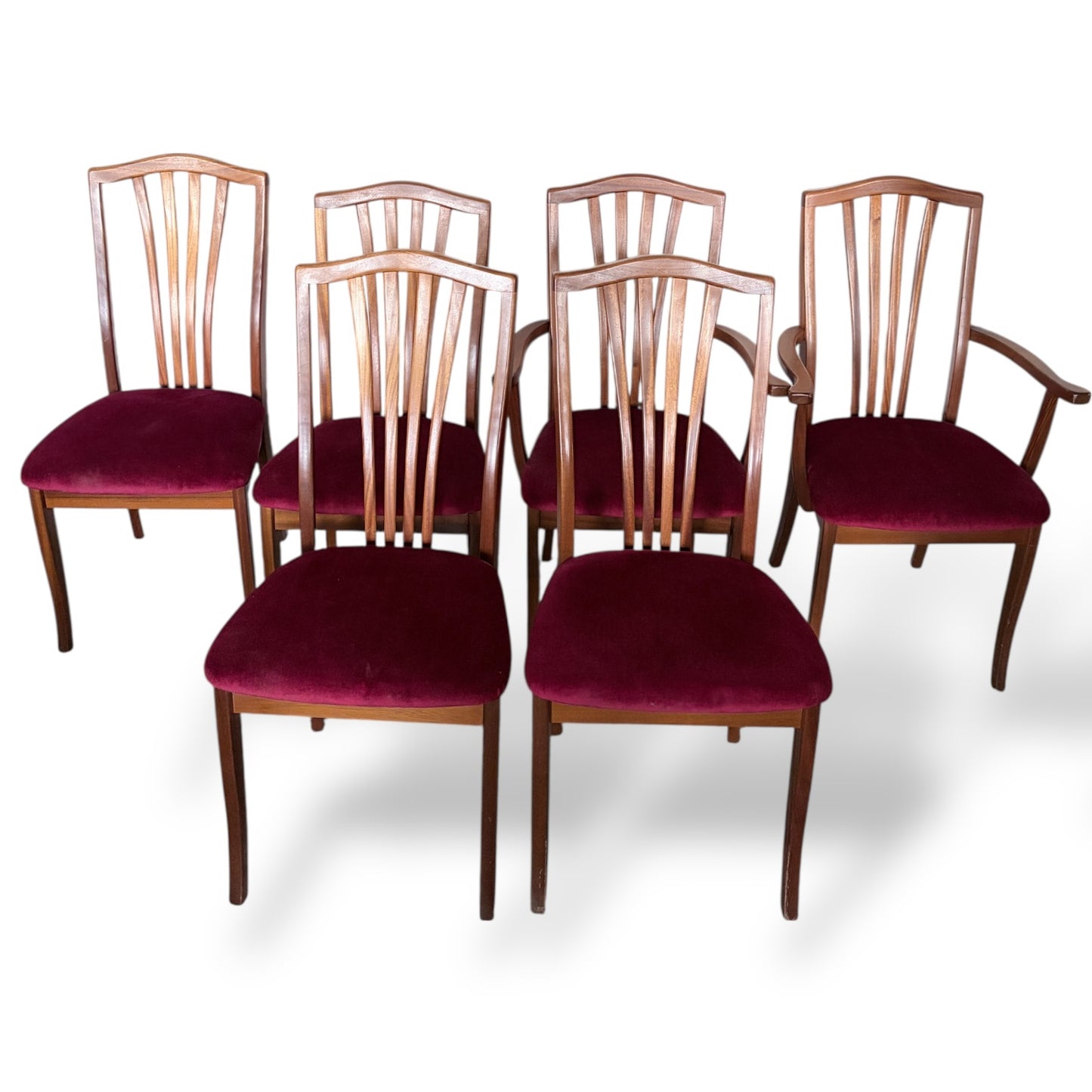 Set of 6 Vintage Teak Dining Chairs with Red Upholstery (2 Carvers + 4 Dining Chairs)