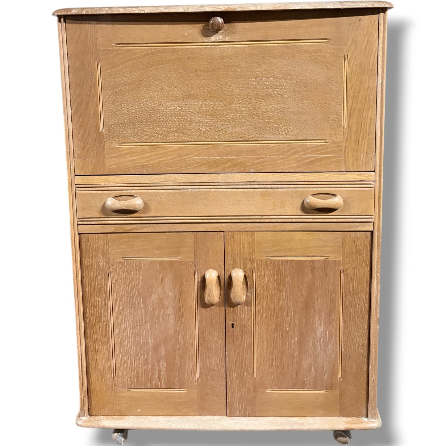 Vintage Oak Bureau - Drop Front Desk | Compact Writing Desk With Castor Wheels