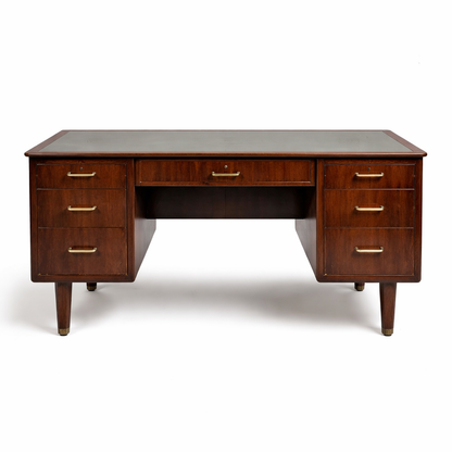 Mid Century Mahogany Desk with Blue-Grey Leather Writing Surface