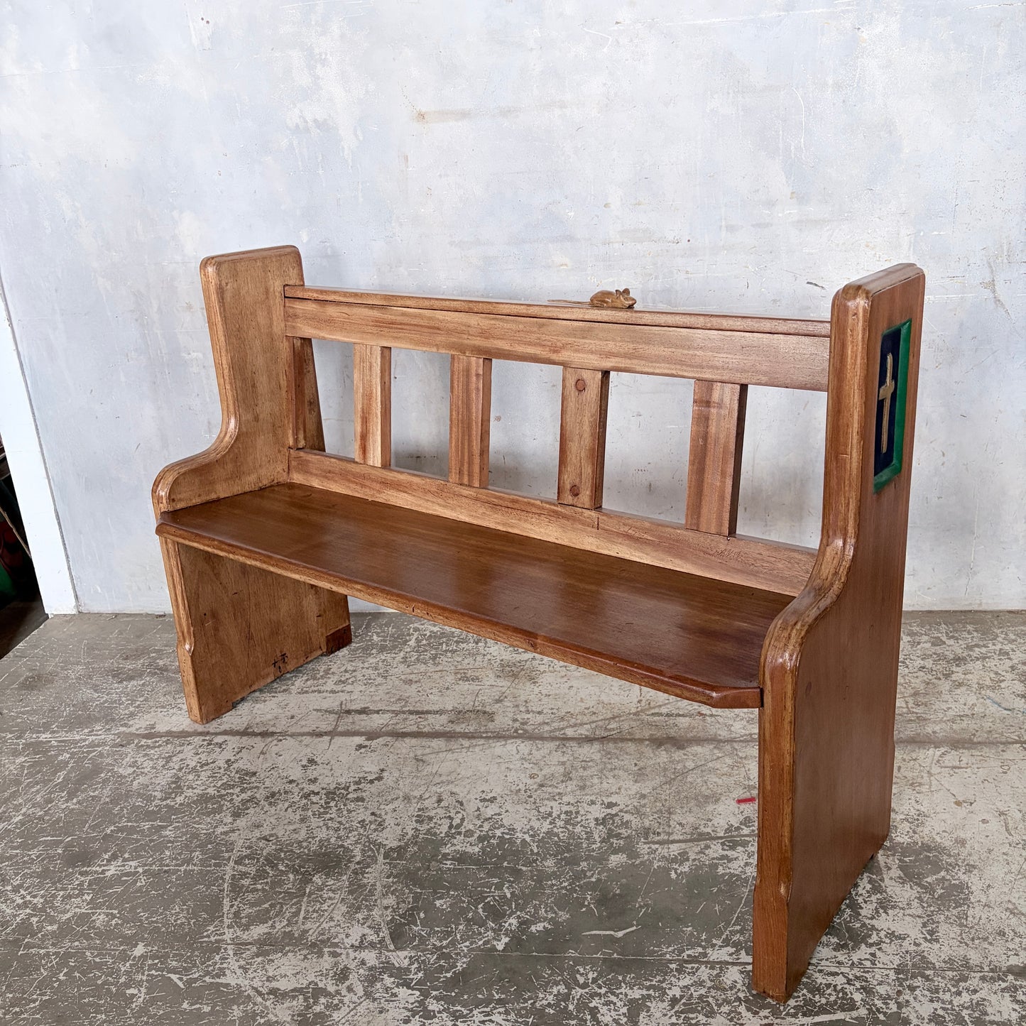1950s Yorkshire Oak & Pine Church Pew Bench with Hand-Carved Mouse | Mouseman Inspired