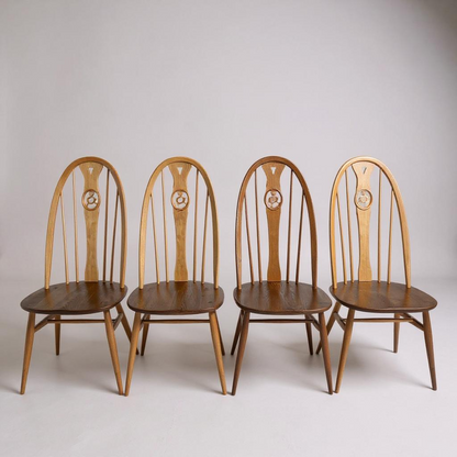 Mid Century Modern Set of 4 Ercol Dining Chairs Windsor Bow Backs Swan