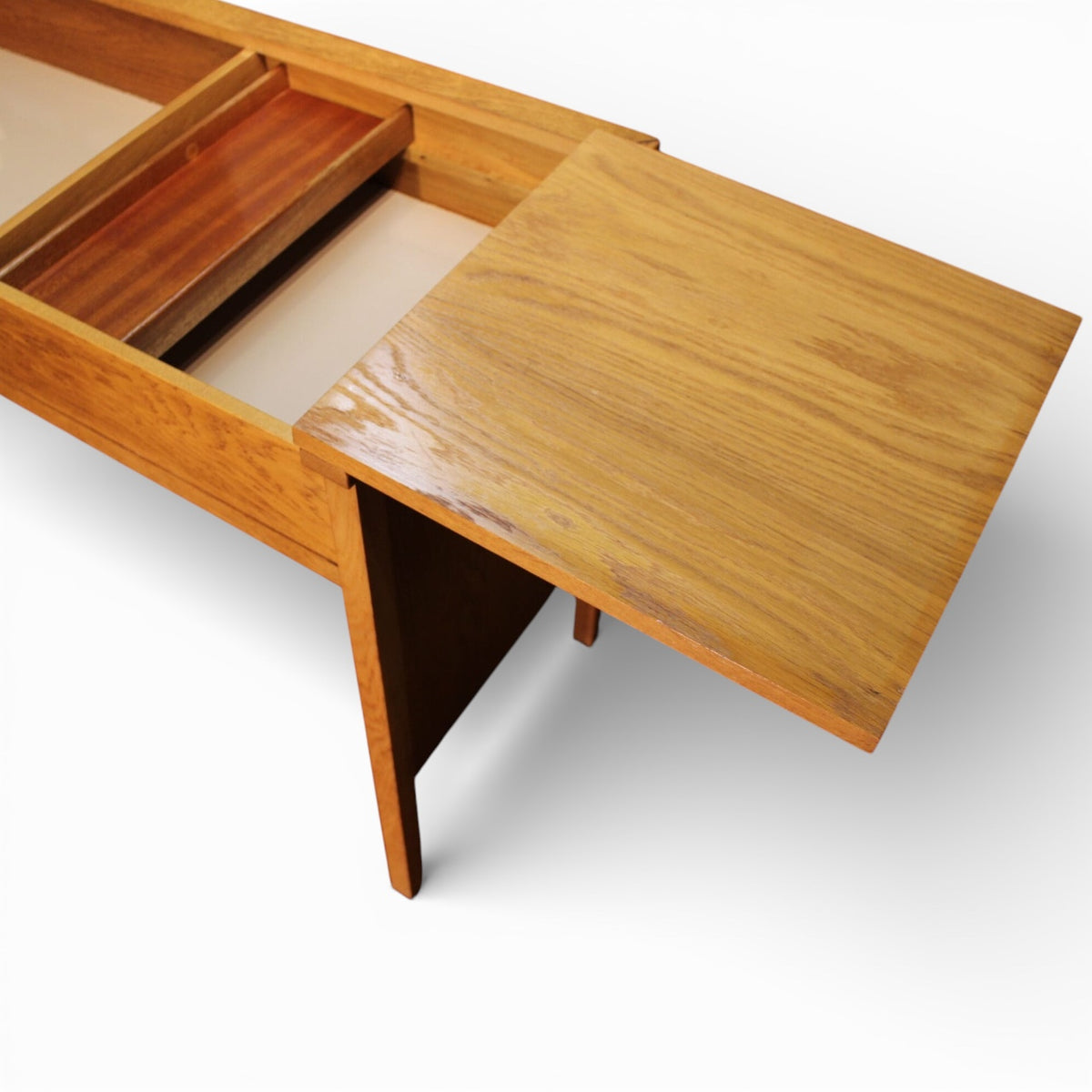 Vintage Dressing Table | Mid Century Furniture - Light Oak Vanity Desk With Hidden Storage