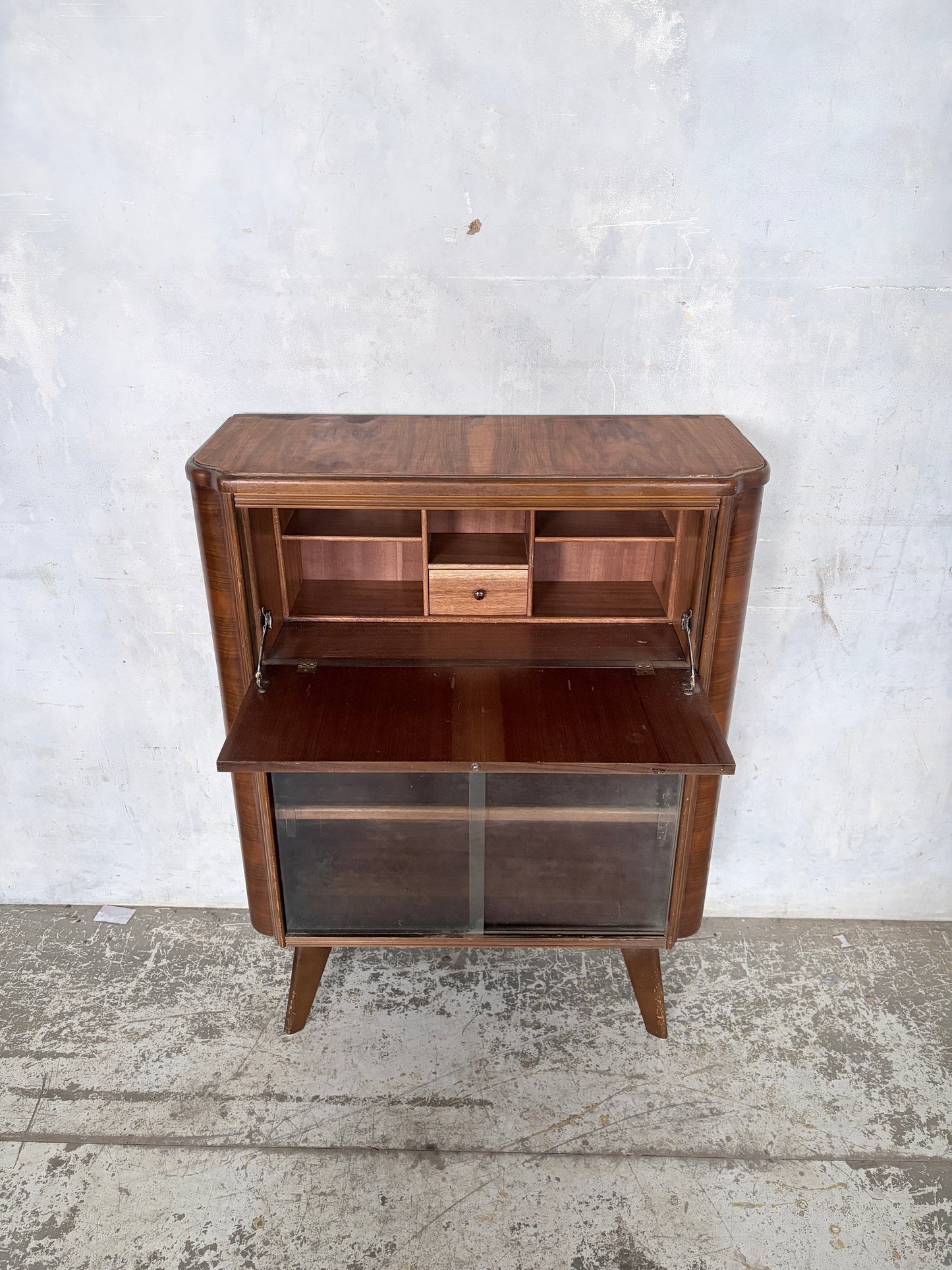 Art Deco Walnut Bureau Drinks Cabinet with Glazed Display