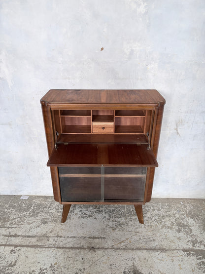 Art Deco Walnut Bureau Drinks Cabinet with Glazed Display