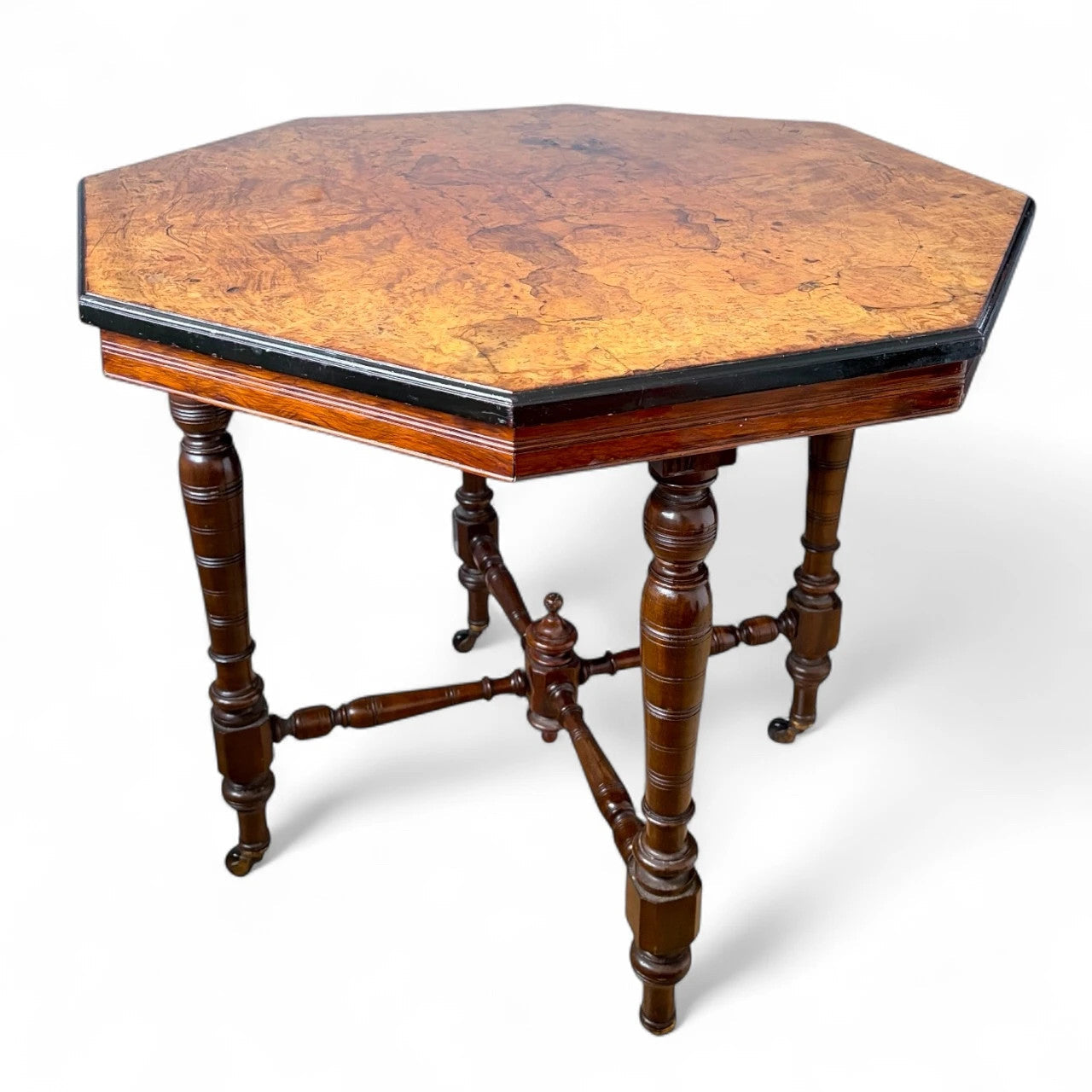 Antique Burr Walnut Table | Compact Octagonal Dining Table with Ebonised Edge & Mahogany Base