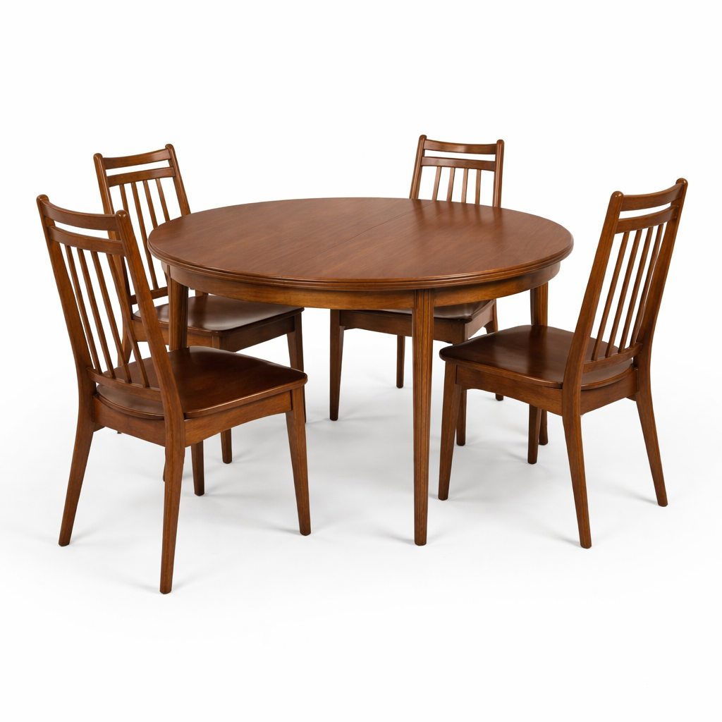 Elliot’s of Newbury Mid Century Extending Round Dining Table & 4 Newbury Chairs – Teak 1960s Dining Set