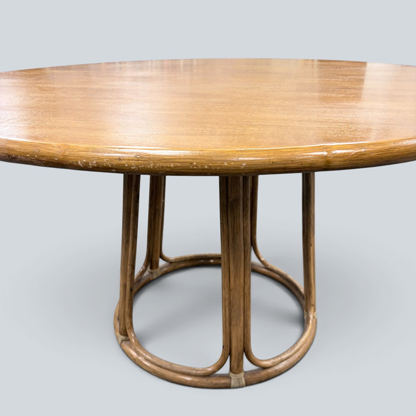 Vintage Oak & Bamboo Round Dining Table | Mid Century Rattan Pedestal Dining Table
