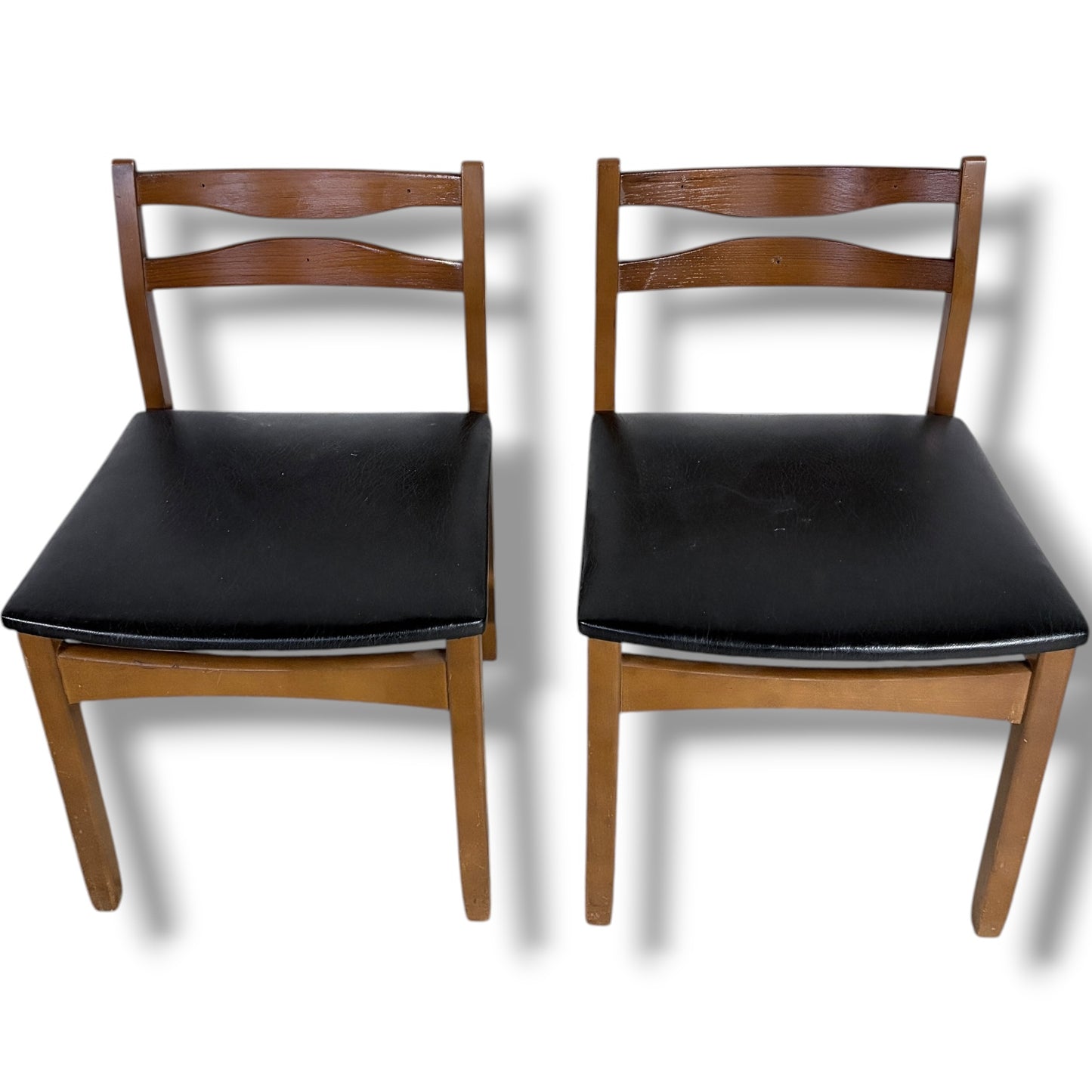 Mid Century Teak Chairs – Pair of Vintage Dining Seats with Black Upholstered Comfort