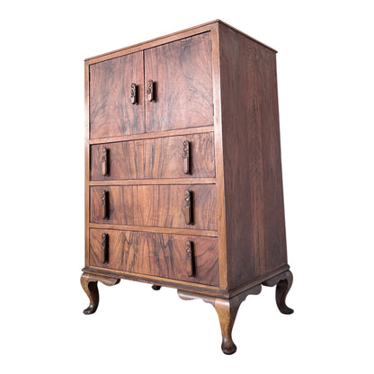 Art Deco Walnut Tallboy Chest of Drawers with Cabinet Top