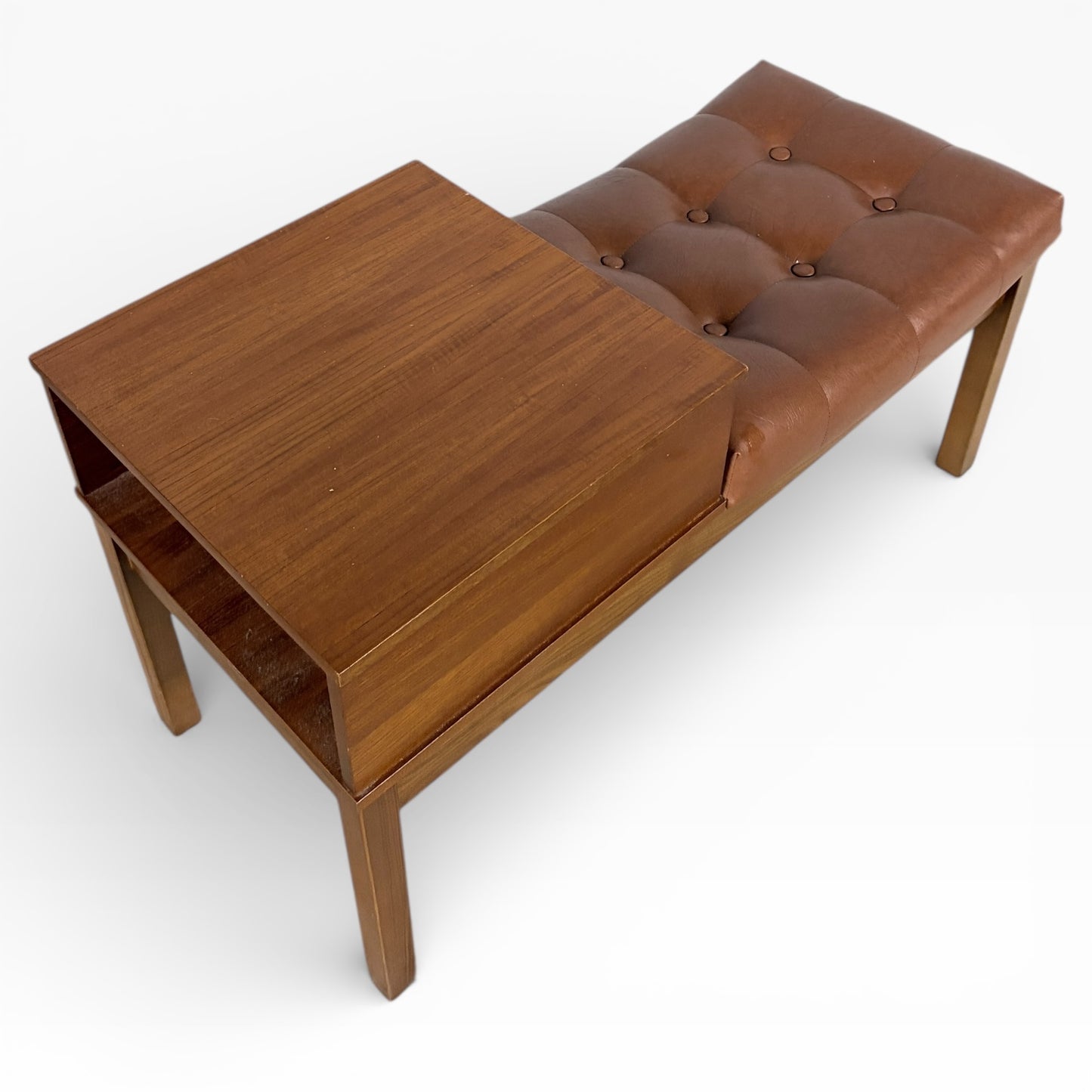 Mid Century Teak Bench - Vintage Hall Bench with Leather Upholstered Seat & Storage — view 6