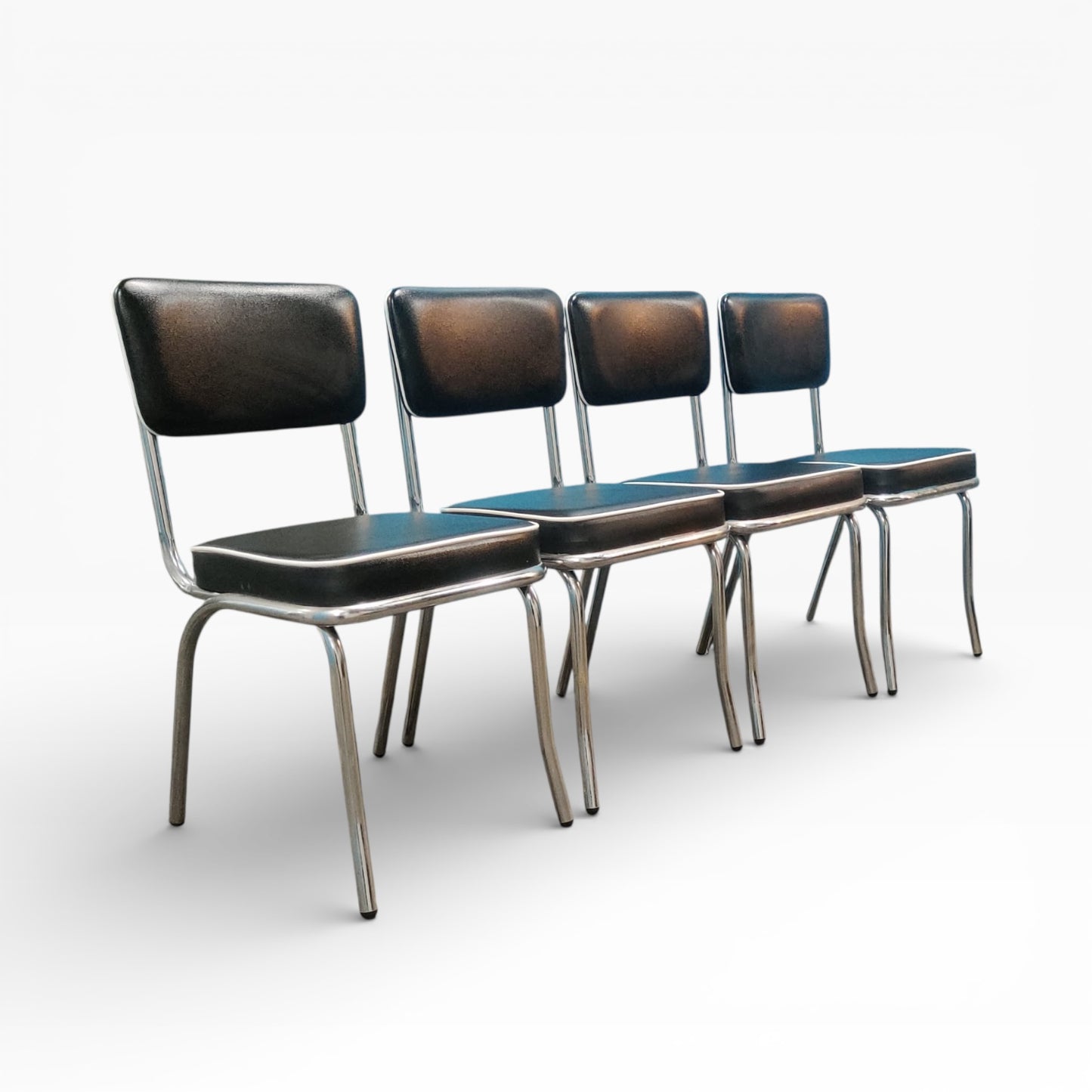 Mid Century Set of Four Black Vinyl & Chrome Dining Chairs | Retro 1960s Kitchen Chairs — view 5