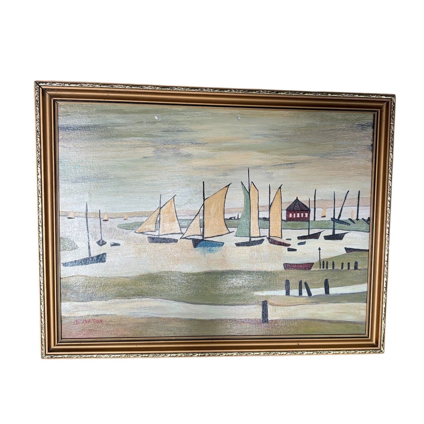 Vintage Coastal Harbour Painting by D. Ayrton – Sailboats & Shoreline in Ornate Gold Frame