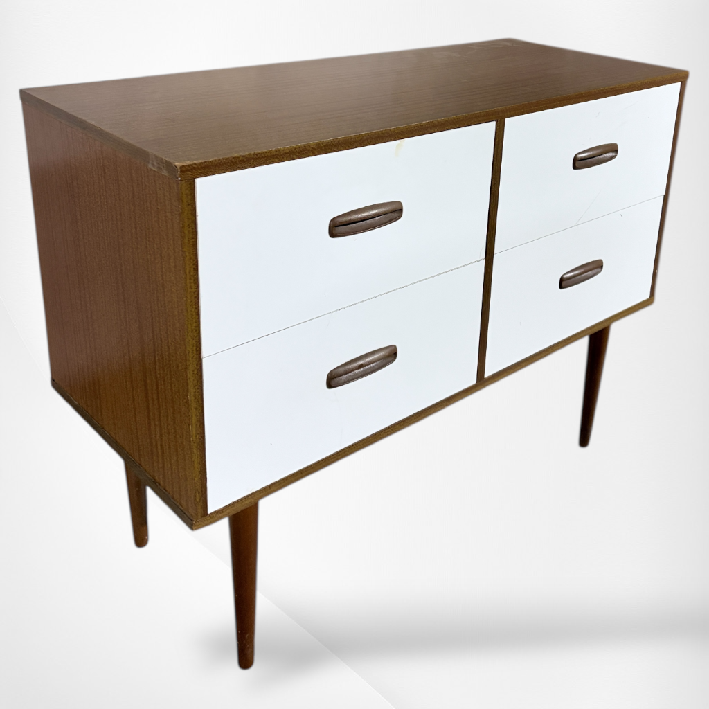 Mid-Century Storage Unit – Teak Cabinet With White Formica Drawers, Compact Sideboard