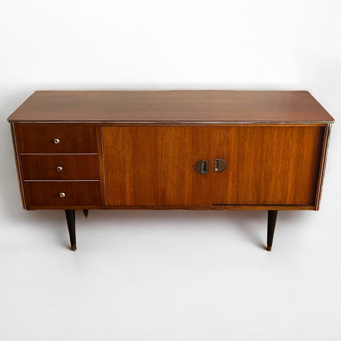 Mid Century Modern Teak Veneer Sliding Doors Sideboard Buffet