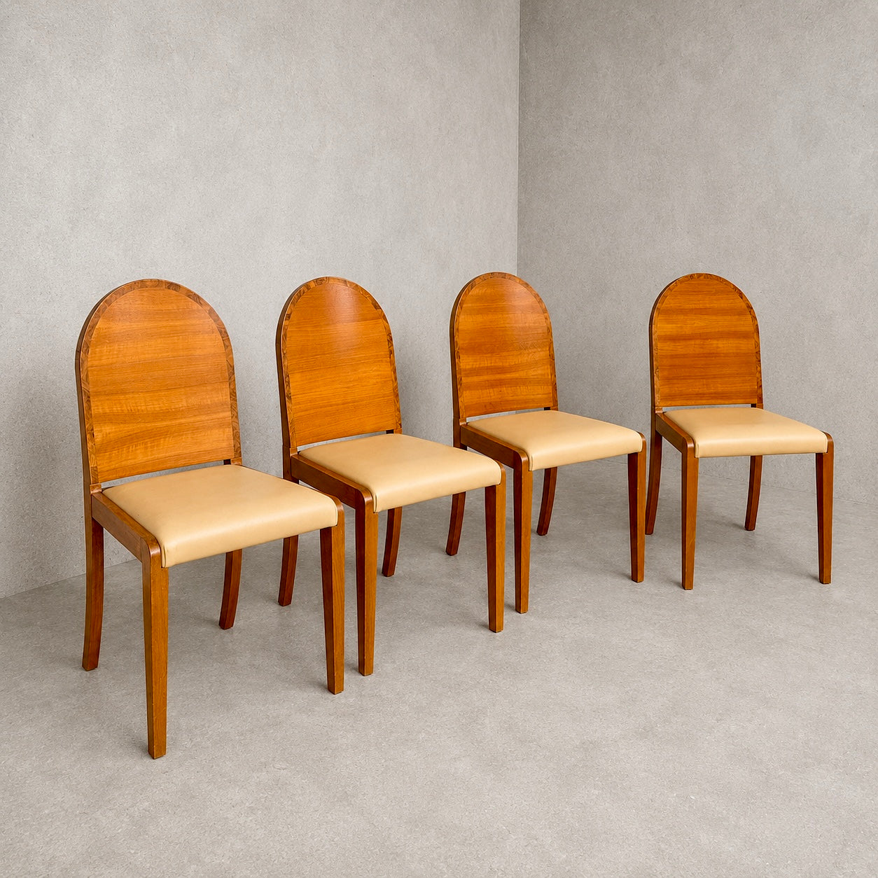 Set of Four Art Deco Burr Walnut Dining Chairs with Cream Upholstered Seats