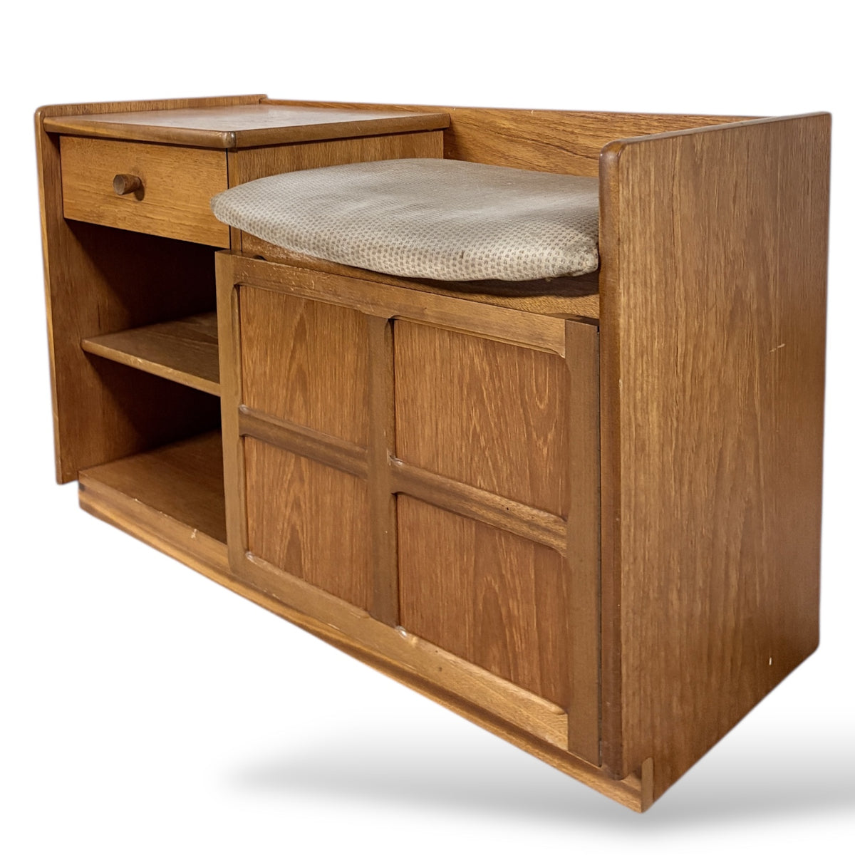 Teak Telephone Bench – Mid Century Vintage Hallway Seat With Storage Drawer
