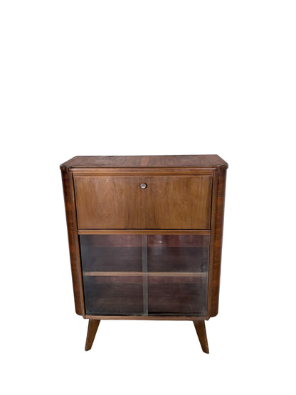 Art Deco Walnut Bureau Drinks Cabinet with Glazed Display