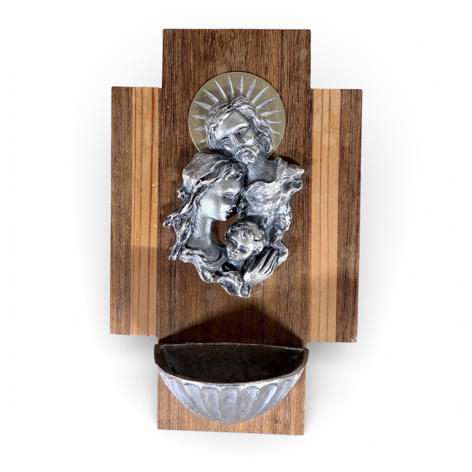 Miniature Holy Water Font – Vintage Wooden Wall Mounted Stoup with Silver Tone Relief Basin — view 2