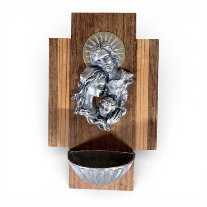Miniature Holy Water Font – Vintage Wooden Wall Mounted Stoup with Silver Tone Relief Basin — view 2