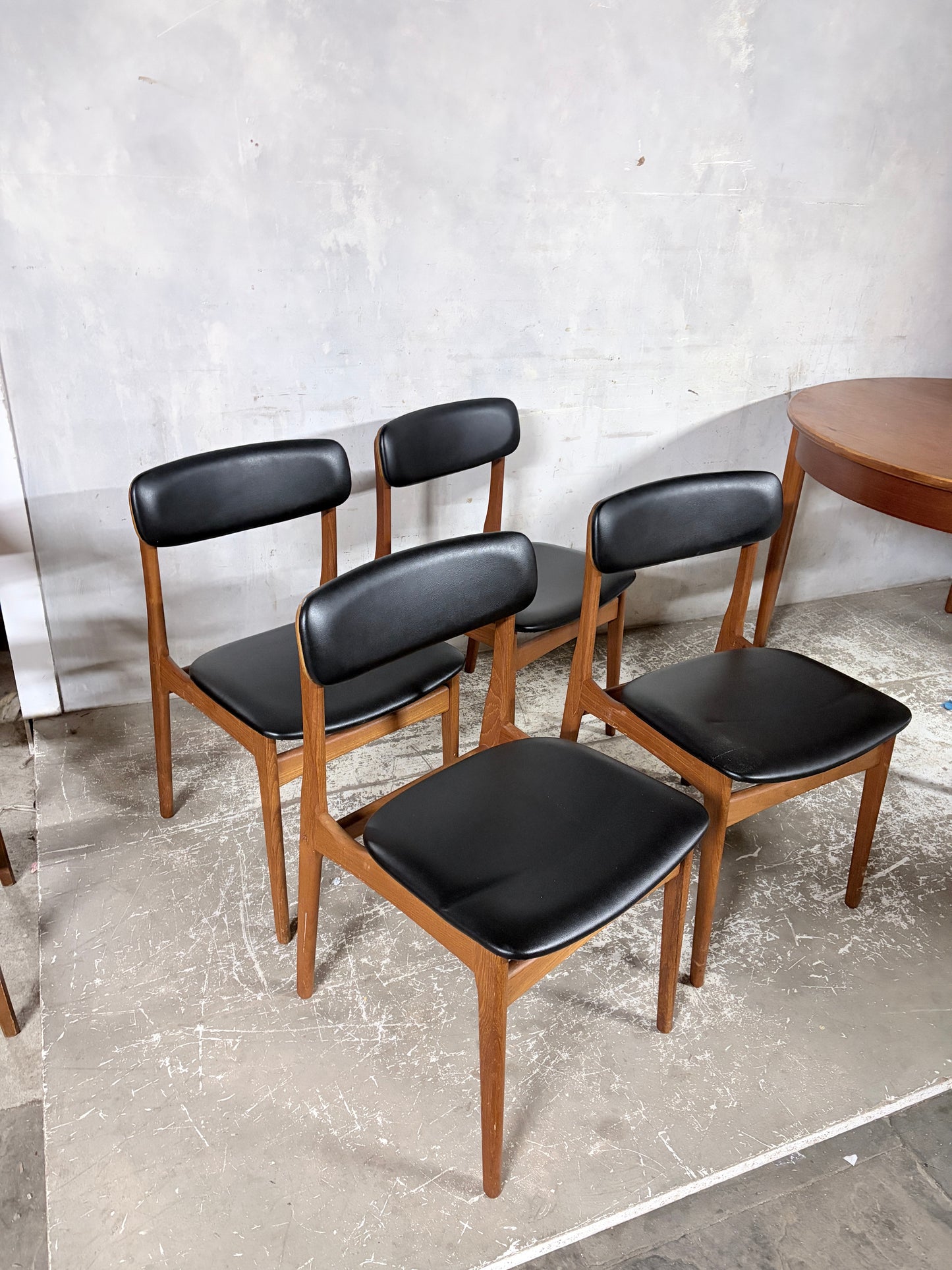 Mid Century Danish Teak Dining Chairs – Set of 4 Black Vinyl Seats