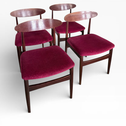 Teak Dining Chairs – Mid-Century Modern British Design | Burgundy Upholstered Set