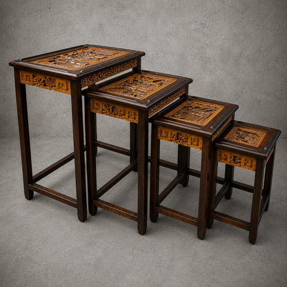 Antique Chinese Camphor Wood Carved Nest of Four Tables