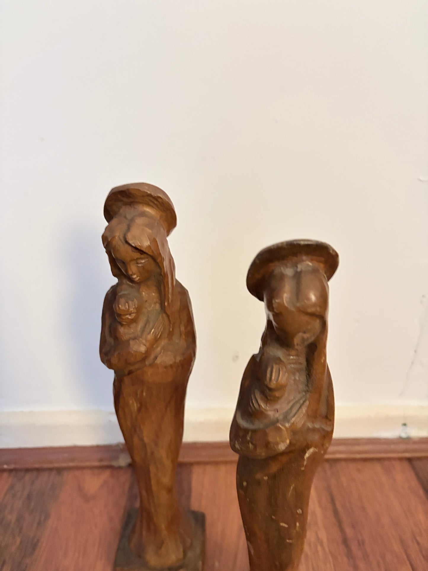 Mid Century Carved Wooden Madonna & Child Figures – Pair of Religious Sculptures