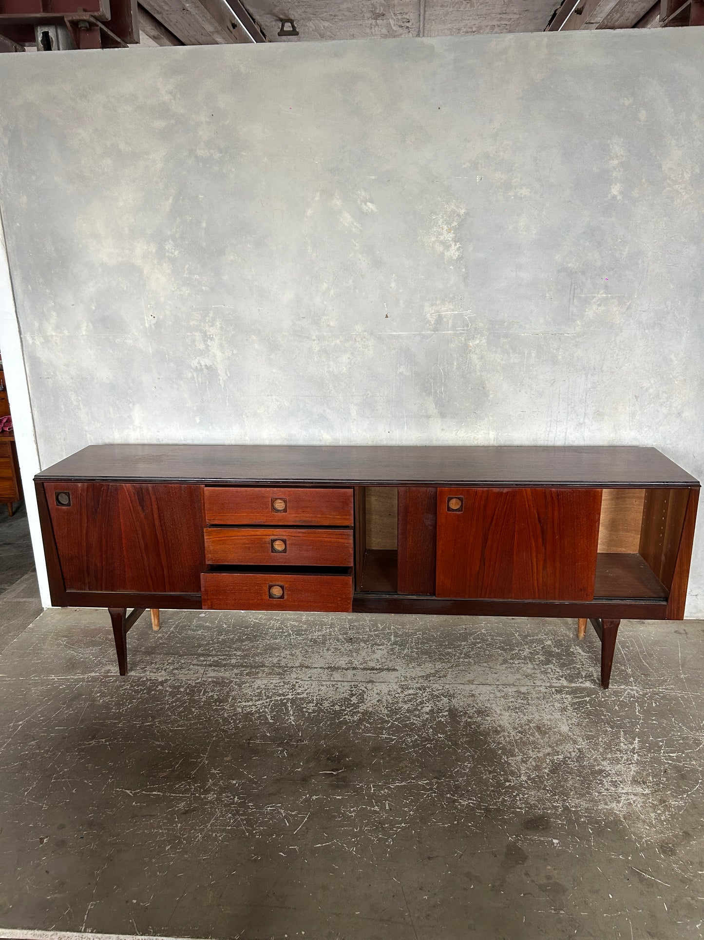 Danish Mid-Century Rosewood Sideboard | Vintage Long Credenza with Drawers & Sliding Doors