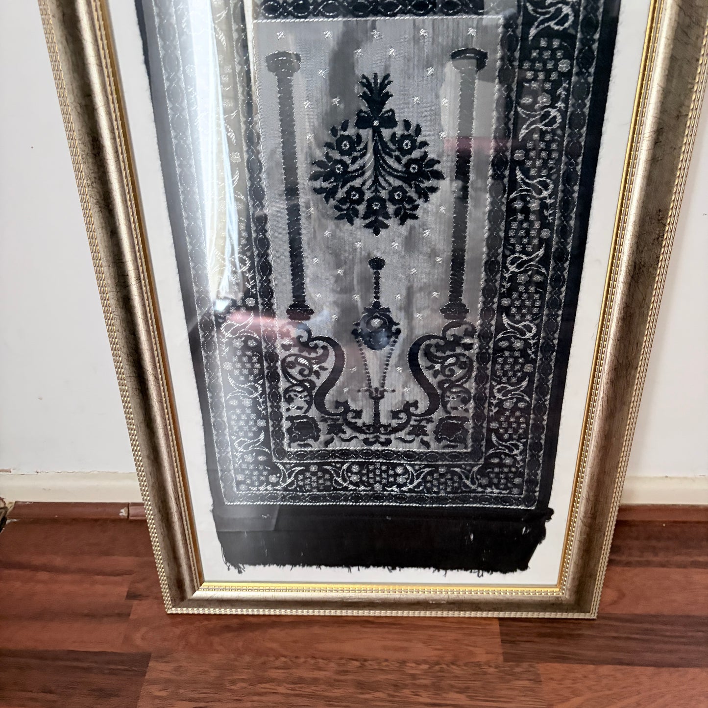 Framed Vintage Islamic Prayer Rug Woven Textile Wall Art Gold Frame