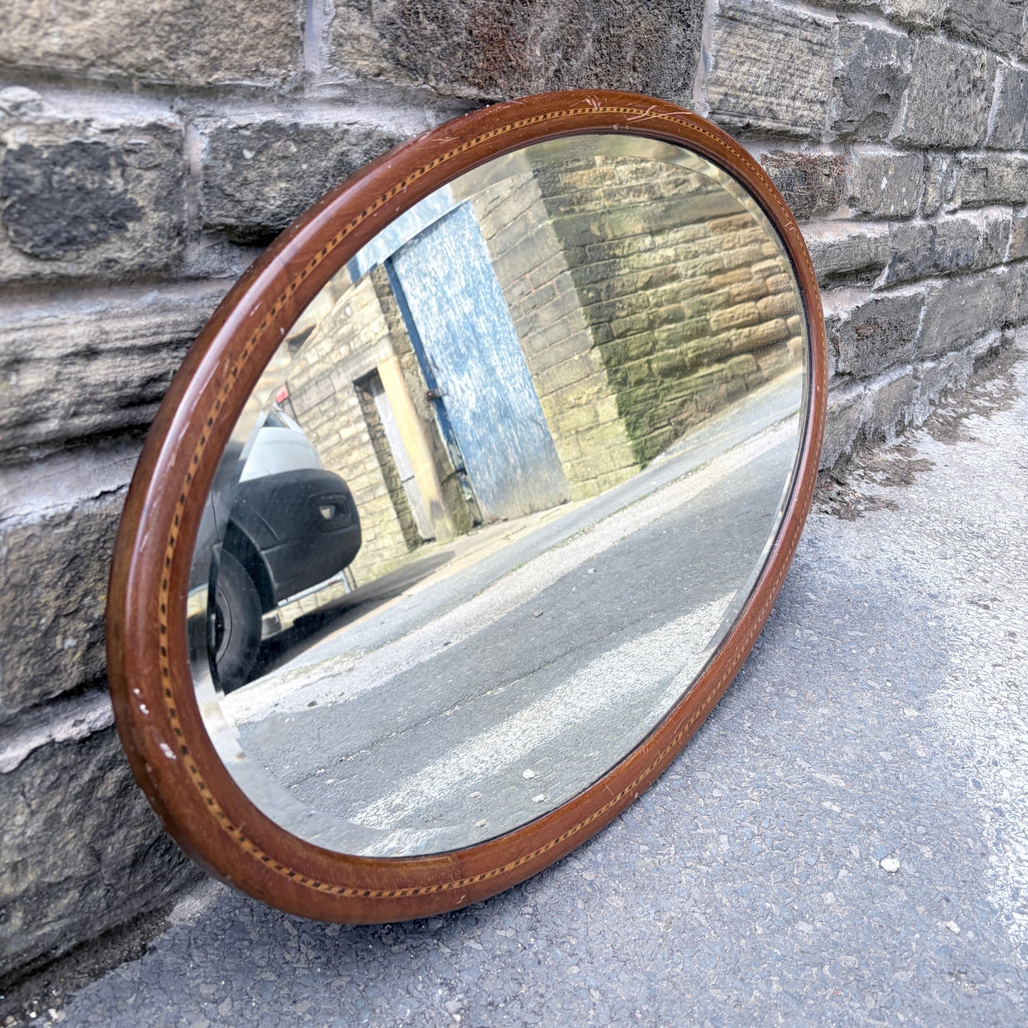 Antique Mahogany Oval Wall Mirror with Satinwood String Inlay