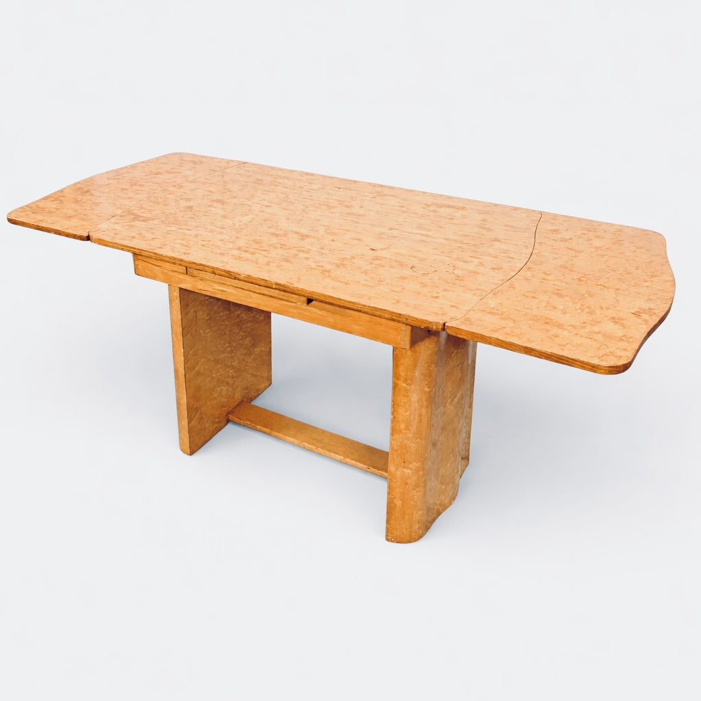 Art Deco Bird’s Eye Maple Draw Leaf Extending Dining Table | 1930s Pedestal Dining Table