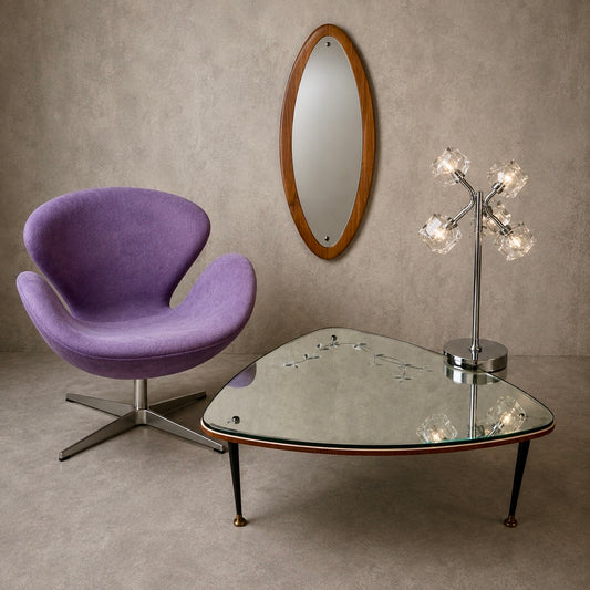1970s Space Age Furniture & Lighting Bundle – Swivel Chair, Coffee Table, Mirror & Lamp