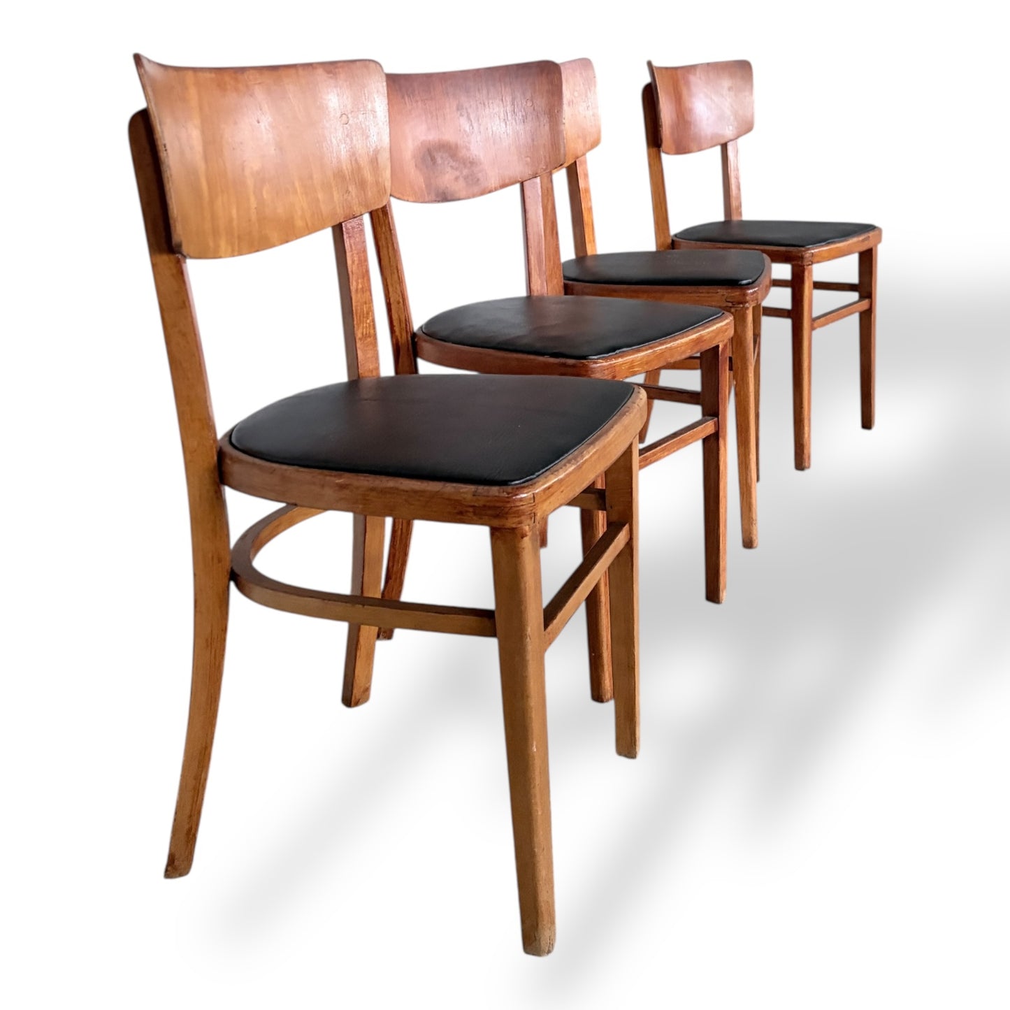 Set of Four Mid-Century Beech Dining Chairs – Black Vinyl Seats