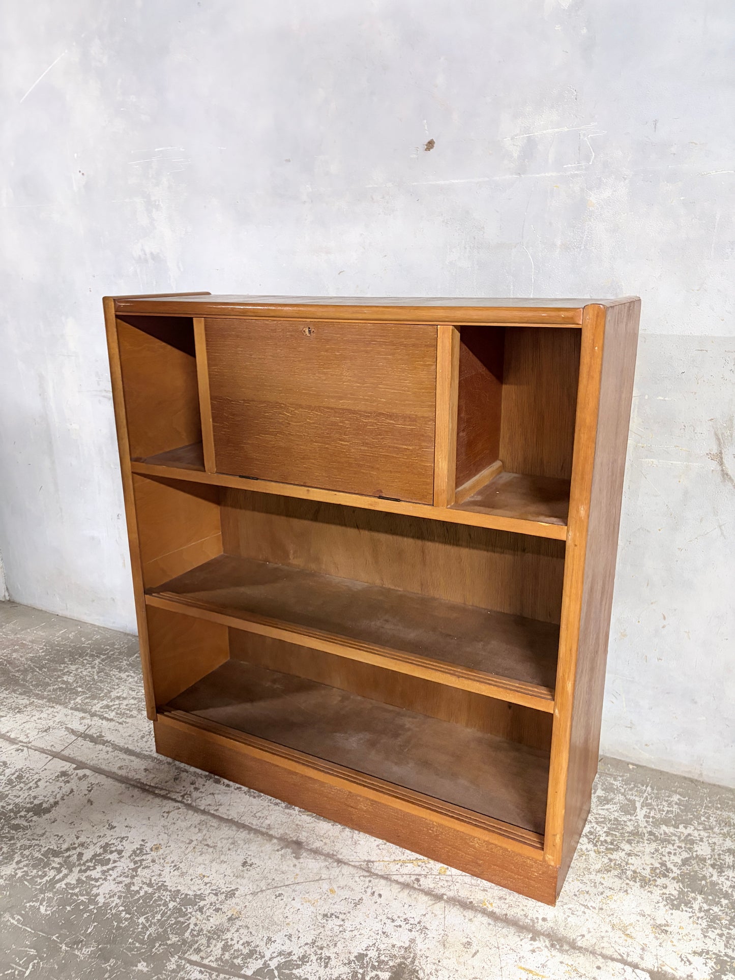 Nathan Oak Drop-Down Bureau Desk Cabinet with Sliding Glass Doors – Mid Century