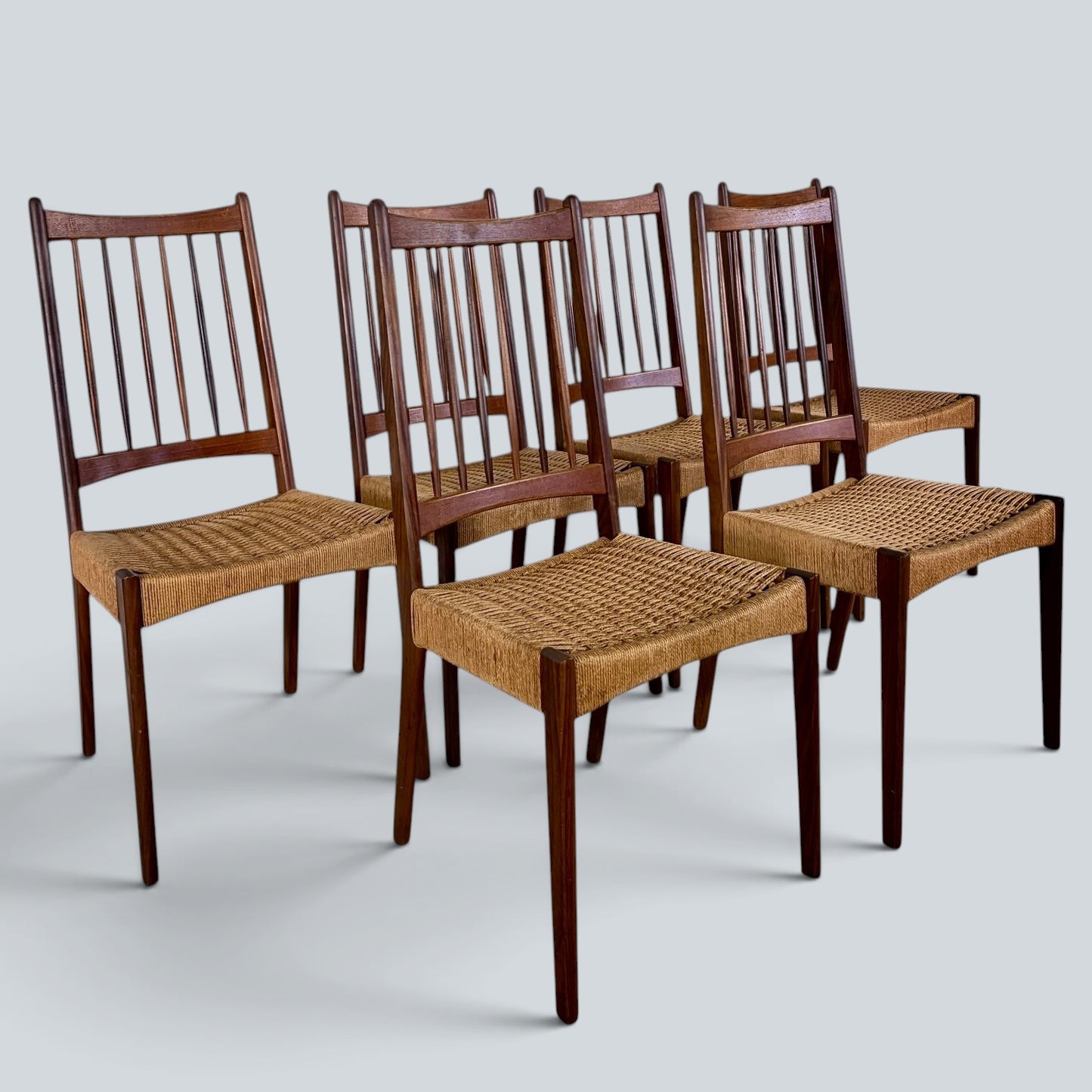 Arne Hovmand-Olsen MK200 Dining Chairs Set of 6 Danish Mid Century Teak & Paper Cord Chairs