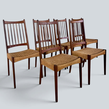 Arne Hovmand-Olsen MK200 Dining Chairs Set of 6 Danish Mid Century Teak & Paper Cord Chairs