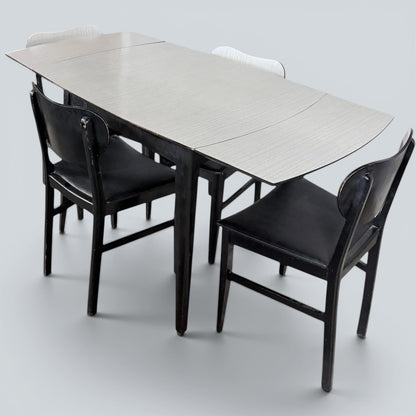 Mid Century Space Age Monochrome Formica Drop Leaf Extending Dining Table & Four Chairs