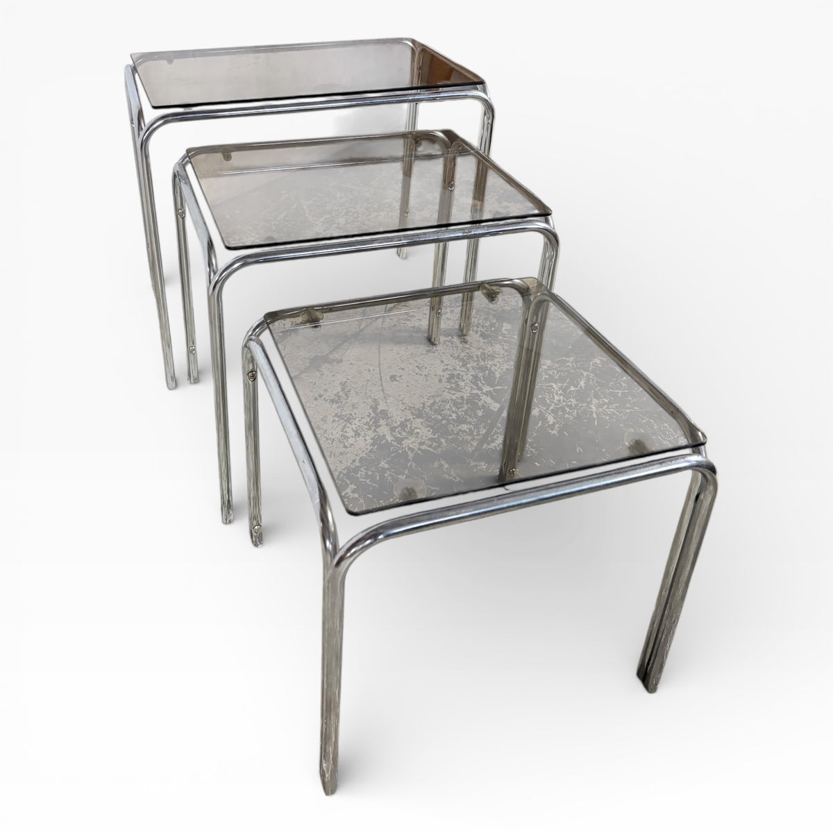 Mid Century Smoked Glass & Tubular Chrome Nest of Tables